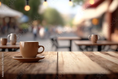 Coffee cup over wooden table in outdoors environment. Copy space for text or advertisement. Generative AI illustration