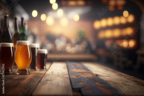 Brewery banner with copy space for text or advertisement. Beer mugs over rustic wooden table, Bokeh lights of bar as background. Generative AI illustration