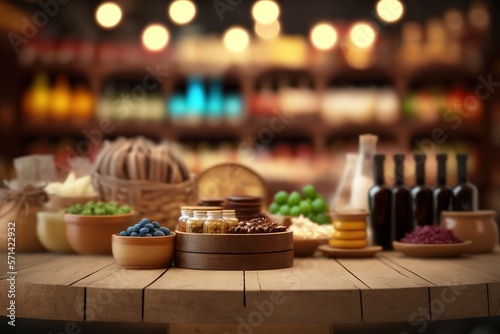 Rustic wooden table of charcuterie products. Bokeh lights as background with copy space. Generative AI illustration