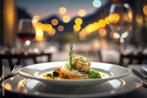 Fototapeta Naklejka Na Ścianę i Meble -  Close up to delicious gourmet dish with bokeh lights of elegant restaurant as background. Generative AI illustration