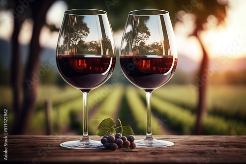 Glasses of red wine over wooden table with vineyard as background. Generative AI illustration