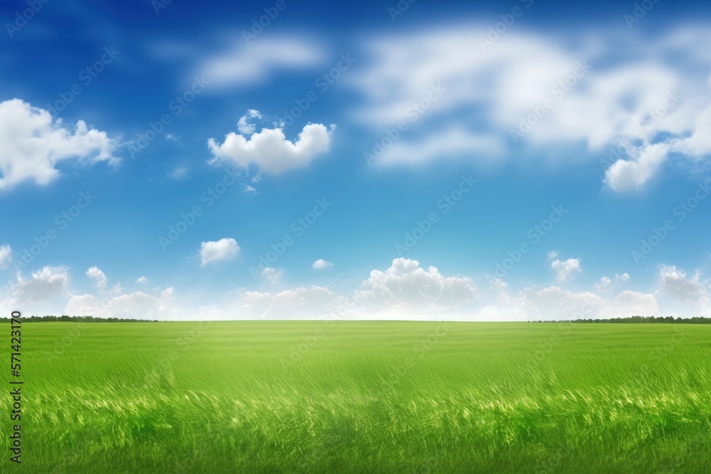 Summer landscape field with green grass against a blue sky with clouds. Generative AI Summer landscape field with green grass against a blue sky with clouds. Generative AI