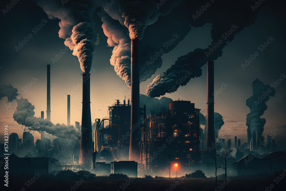 industrial landscape with smokestacks and factories emitting carbon