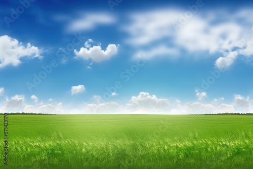 Summer landscape field with green grass against a blue sky with clouds. Generative AI
