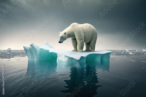 powerful polar bear standing on an iceberg in the middle of a serene ocean  highlighting the impact of global warming on the environment and the animal s habitat  generative ai
