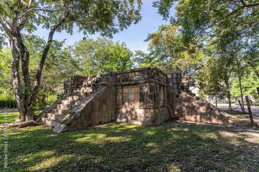 The ruins of a beautiful pyramid in the archaeological zone of Chichen Itza in Mexico