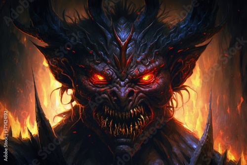 Illustration of a hellish demon creature with blazing eyes standing close up against a background of flames Fototapet
