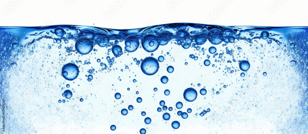 Wide vista of pure blue natural drink water with bubbles on a white background. Generative AI