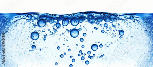 Wide vista of pure blue natural drink water with bubbles on a white background. Generative AI