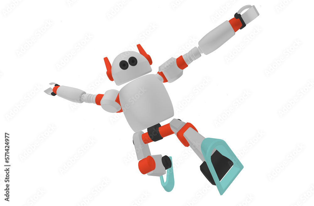 Cute robot with hand up and jumping in the air white background. Technology concept. 3d rendering Cute robot with hand up and jumping in the air white background. Technology concept. 3d rendering