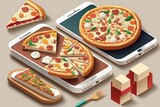 Online food ordering and delivery. Sushi, pizza, and pasta are displayed on a smartphone. Generative AI