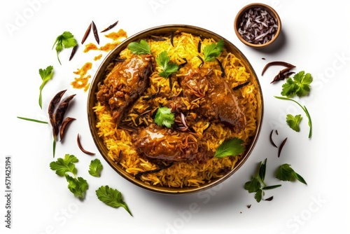 Kuzhimanthi or hot and spicy Manthi Arabic chicken Biryani cooked meat, Basmati rice with Masala spices on white background in Malabar Kerala, Karnataka South India. Top view of Indian non veg food photo