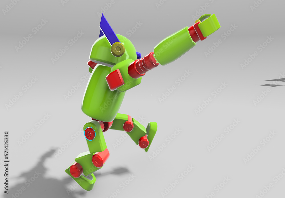 Cute robot with hand up,foot up and jumping in the air white background. Technology concept. 3d rendering Cute robot with hand up,foot up and jumping in the air white background. Technology concept. 3d rendering