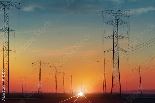 Canvas Print Solar energy park and conventional electricity pylon at sunset,Hampshire,England,UK