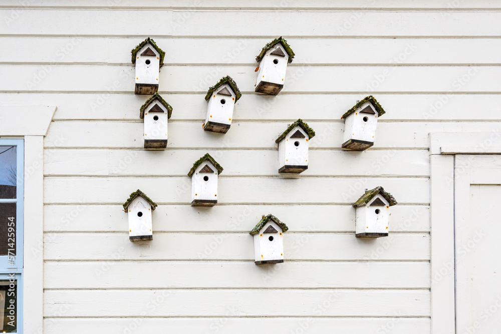 Collection of white wooden bird houses on the side of a white building
Collection of white wooden bird houses on the side of a white building