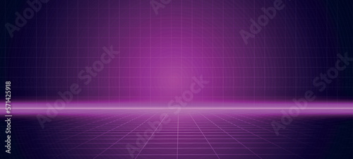 Synthwave background. Dark Retro Futuristic backdrop with blue perspective grid and sky full of stars. Horizon glow. Abstract Retrowave template. 80s Vaporwave style. Stock vector illustration