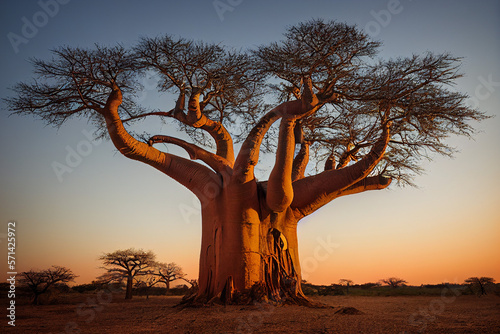 African baobab in the savannah at sunrise, generative AI
