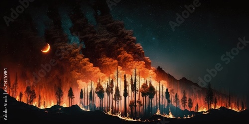 Amazon forest fire disater problem.Fire burns trees in the mountain at night. Generative AI photo