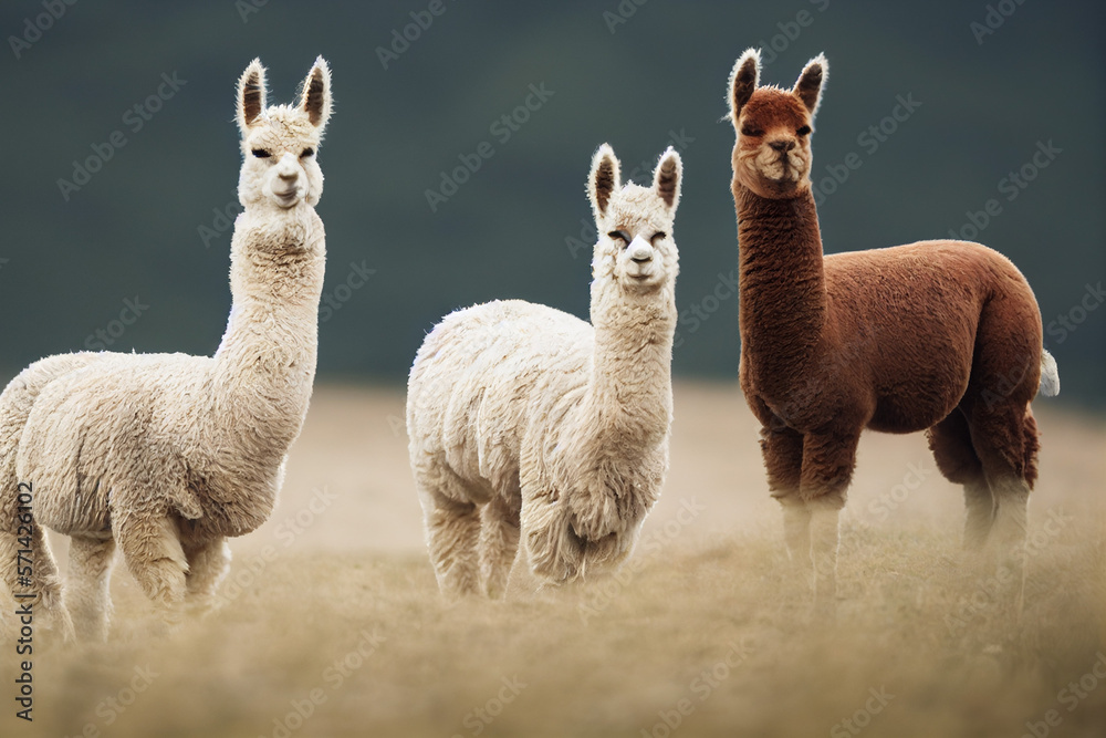 three alpacas are standing on a green meadow among green nature, generative AI three alpacas are standing on a green meadow among green nature, generative AI