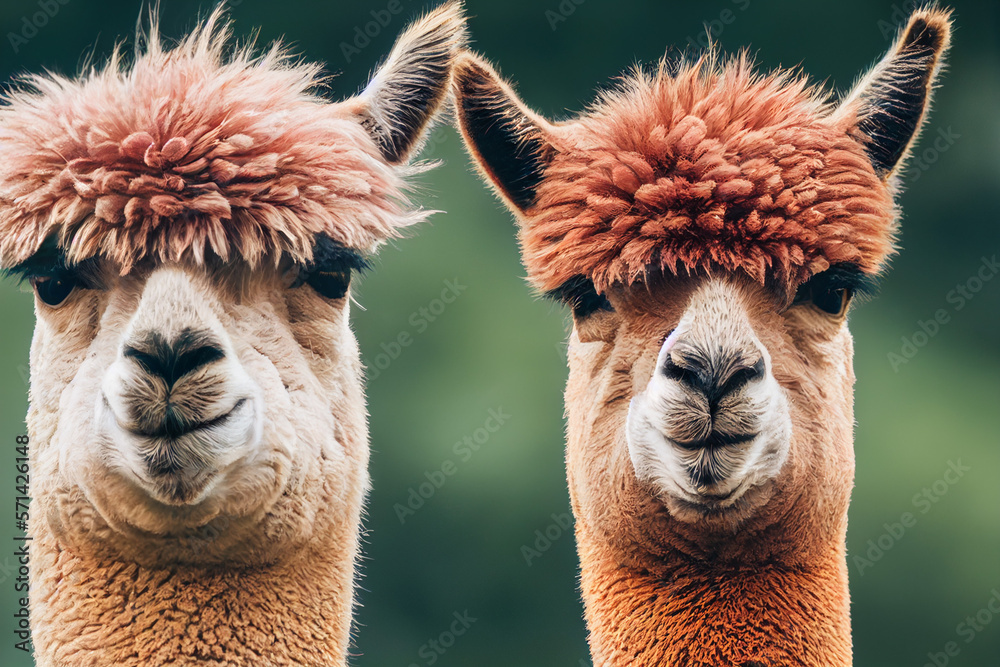 two alpacas are standing on a green meadow among green nature, generative AI