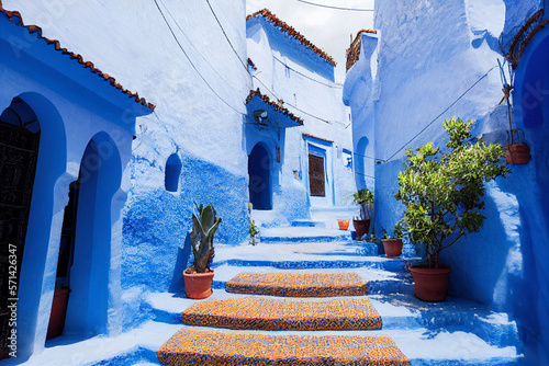 Chefchaouen the blue city in Morocco with blue buildings and blue stairs, generative AI © Paulina