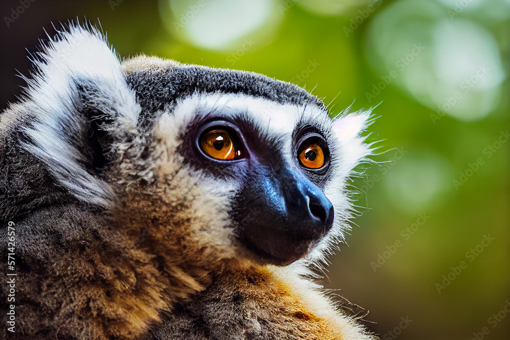 Obraz premium portrait of a lemur against the background of green nature in the jungle, generative AI