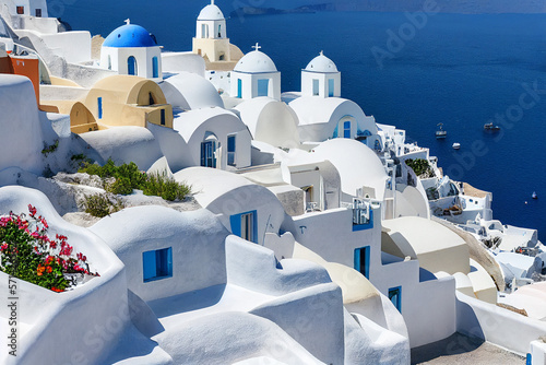 beautiful picturesque Italian island of Santorini with white houses by the Aegean sea, generative AI