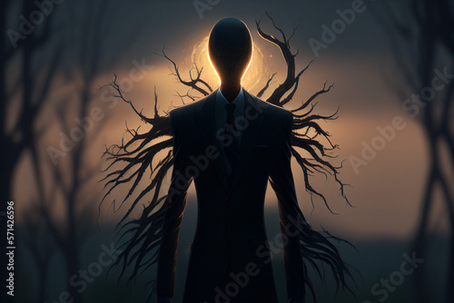 Slender Man in a suit in a dark foggy forest, generative AI photo