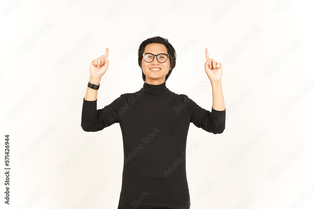 Showing Product and Pointing Up Of Handsome Asian Man Isolated On White Background Showing Product and Pointing Up Of Handsome Asian Man Isolated On White Background