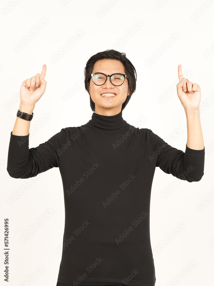 Showing Product and Pointing Up Of Handsome Asian Man Isolated On White Background Showing Product and Pointing Up Of Handsome Asian Man Isolated On White Background