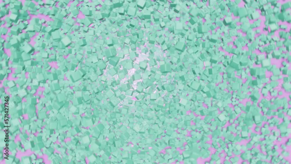 4K abstract animation. Joyful 3D Particle simulation of thousands of green cubes in front of a pink background. Bright, fun rendered motion design. 4K abstract animation. Joyful 3D Particle simulation of thousands of green cubes in front of a pink background. Bright, fun rendered motion design.