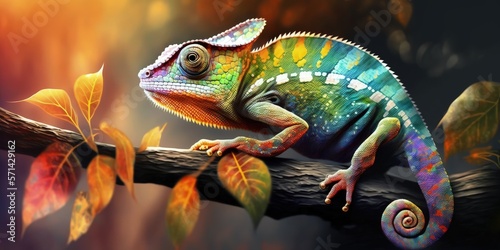Agamidae animal wildlife, abstract animal background On the tree, a charming chameleon changes colors Fototapet