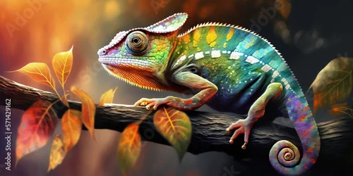 Obraz Agamidae animal wildlife, abstract animal background On the tree, a charming chameleon changes colors. Generative AI