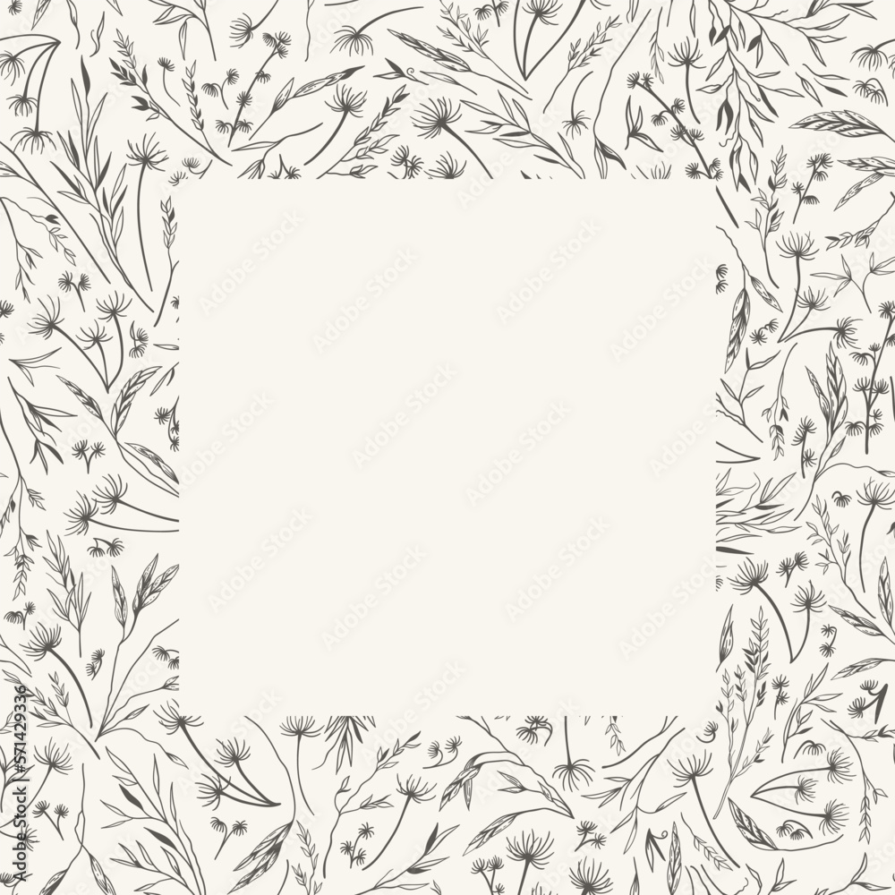 Square frame with dry grass. White card mockup with black and white herbal background. Floral card with copy space. Botanical vector illustration. Black and white. Engraving.