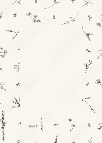 Card with dry and wild grass. Vertical botanical frame with copy space. White card mockup with black and white herbal background. Sketch. BW. Trendy border for invitations  postcards  cover.