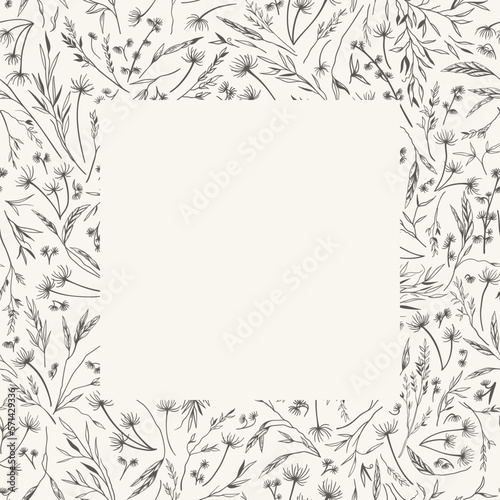Square frame with dry grass. White card mockup with black and white herbal background. Floral card with copy space. Botanical vector illustration. Black and white. Engraving.