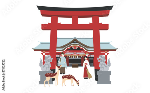 正面からの朱色の神社のイラスト　アウトラインなし