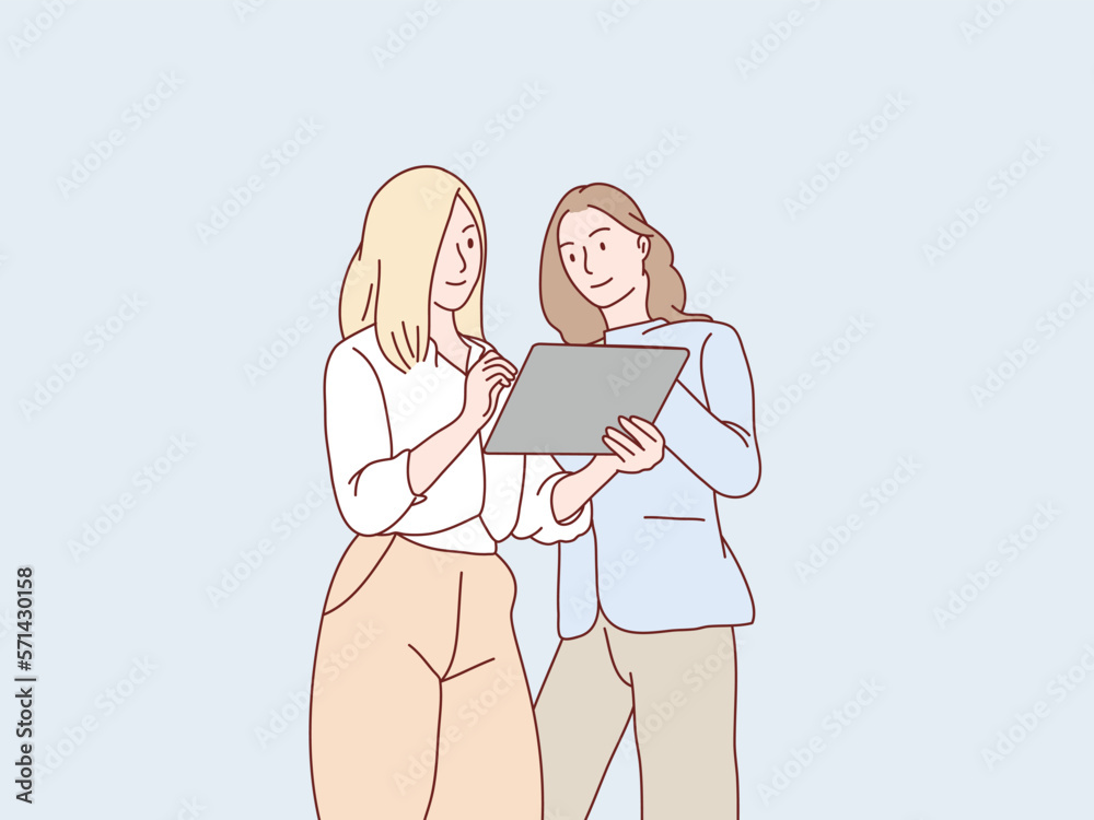 Businesswoman look at tablet discuss work business project together simple korean style illustration Businesswoman look at tablet discuss work business project together simple korean style illustration