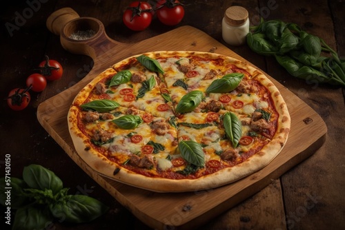 Pizza on a wooden pizza plate with sausage, cheese, baby corn, rocket leaves, and roasted red pepper. Generative AI