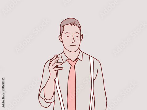 Confident macho young man in white shirt tie and suspenders simple korean style illustration