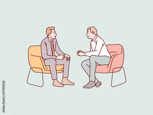 Businessmen partners discussing sharing ideas negotiating on chair simple korean style illustration