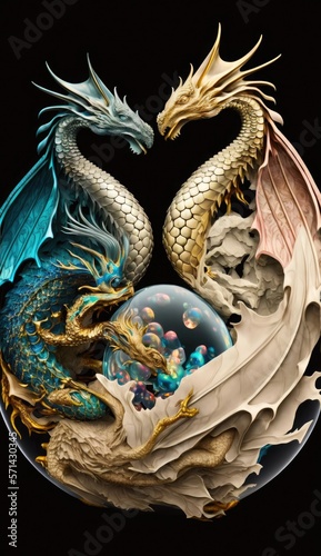 Two Dragons Playing with a Pearl, AI Generative