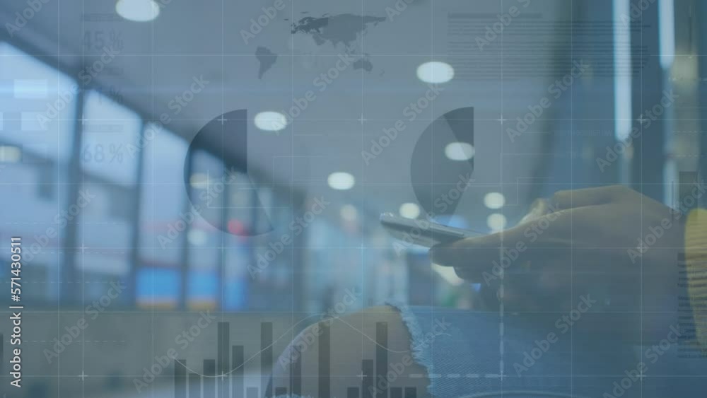 Animation of statistical data processing against mid section of a woman using smartphone Animation of statistical data processing against mid section of a woman using smartphone