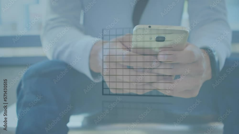 Animation of statistical data processing against mid section of a businessman using smartphone Animation of statistical data processing against mid section of a businessman using smartphone