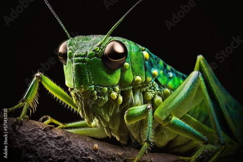 Big, solid colored grasshopper in green. macro stacking shot in close up. Generative AI © 2rogan