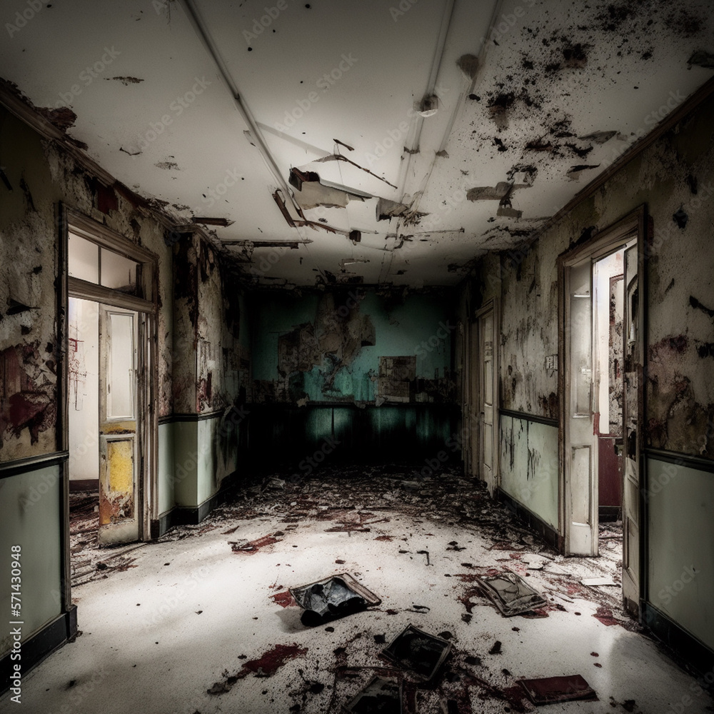 The interiors of an abandoned hospital, in a horror style, with eerie ...