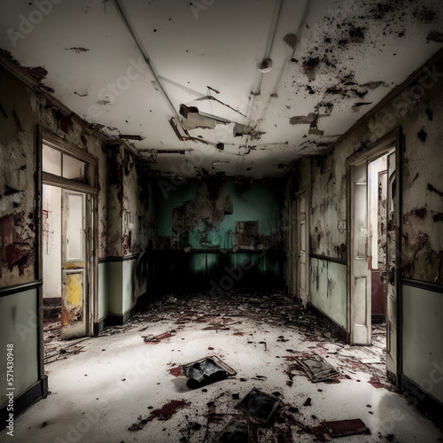 The interiors of an abandoned hospital, in a horror style, with eerie corridors. Generative AI © Andrea