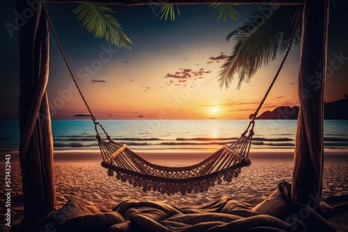 A tropical beach sunset as a summer scene with a five star resort beach palm swing hammock and a sandy seashore. Summer vacation and peaceful beach horizon scene concept. Generative AI © 2rogan