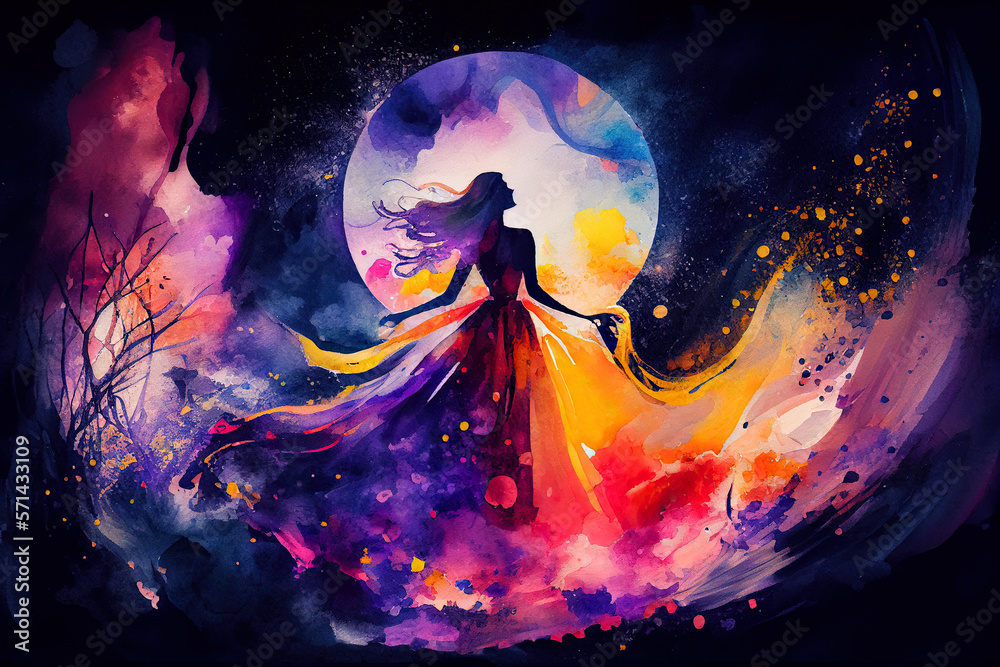 Moon Dance Mystical Watercolor Backgrounds, Generative AI