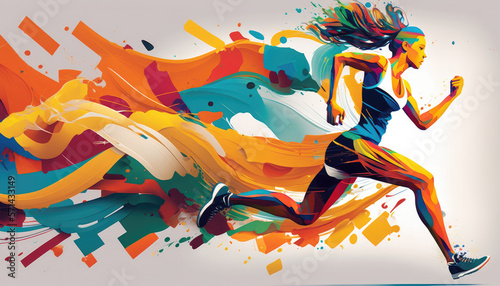Fototapeta Naklejka Na Ścianę i Meble -  Running Woman in Motion, Colorful. Generative AI.